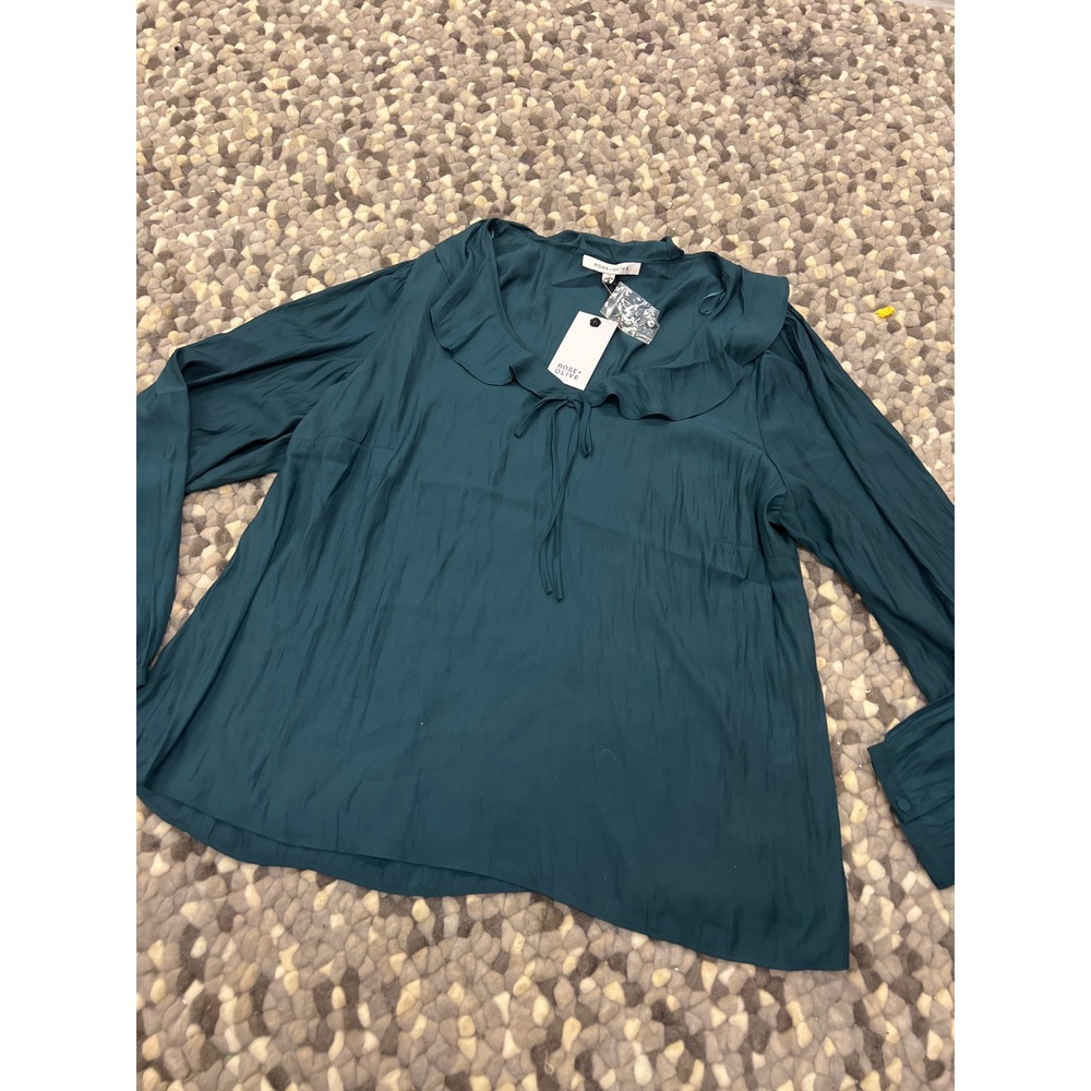 Rose + Olive Women 1X Teal Green Ruffle Collar‎ Tie Neck Long Sleeve Blouse NWT